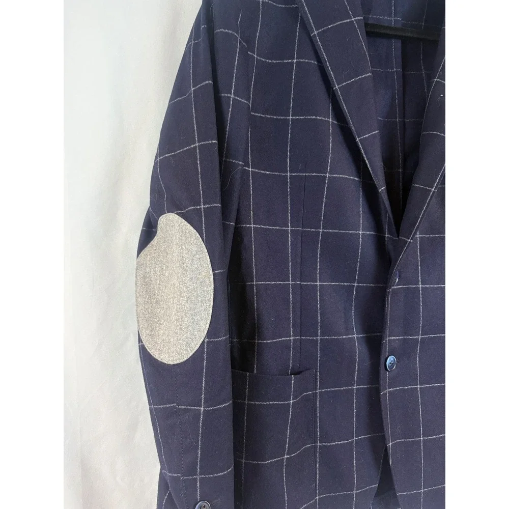 L.B.M. 1911 Italy Navy Blue Windowpane Virgin Wool Blazer Elbow Patches 52R 2892